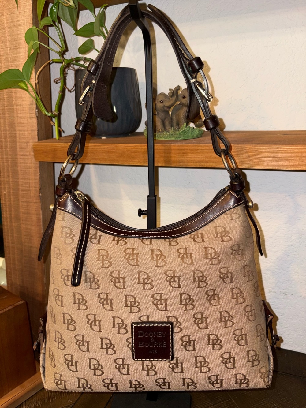 Dooney & Bourke Signature DB Monogram Canvas Leather Hobo Shoulder Bag Tan Brown